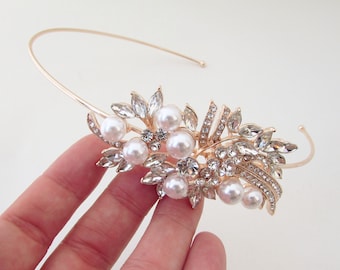 Rose Gold Crystal & Pearl Bridal Hairband: Wedding Side Piece, Rose Gold Headband for Bride / Bridesmaids, Pearl Decorative Hair Accessory