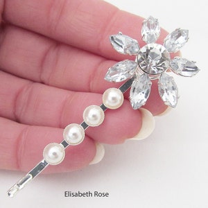 Crystal and White Pearl Hair Clip, Silver Hair Clip for Bride, Wedding Day Hair Clip, White Pearl Hair Claw, Pretty Pearl Hair Pin