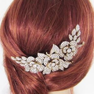 Gold Floral Rose Design Wedding Hair Comb, Rhinestone Hair Comb for Wedding, Bridal Hair Comb, Wedding Day Hair Piece for Bride