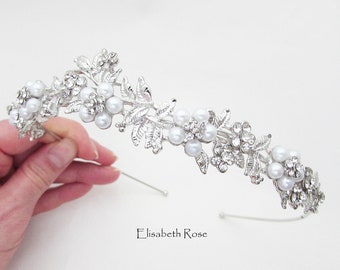 Silver Pearl Wedding Hairband, Crystal and Pearl Embellished Hairband for Wedding, Silver Bridal Headband, Wedding Day Hairband