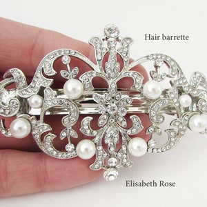 Rhinestone and White Pearl Bridal Hair Barrette, Crystal and Pearl Hair Clip for Bride, Wedding Day Hair Barrette, Bridal Crystal Hair Slide