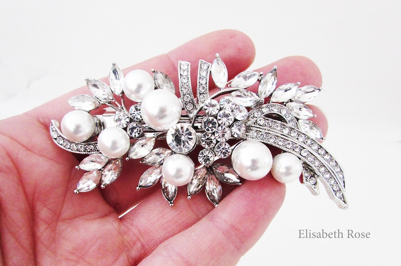 Rhinestone and White Pearl Bridal Hair Barrette, Crystal and Pearl Hair Clip for Bride, Wedding Day Hair Barrette, Bridal Pearl Hair Clip image 4