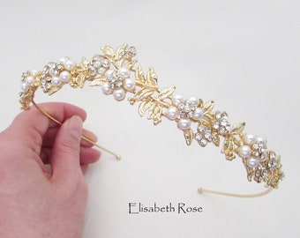 Gold Pearl Wedding Hairband, Crystal and Pearl Embellished Hairband for Wedding, Gold Bridal Headband, Wedding Day Hairband