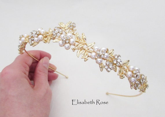 Gold Floral Faux Pearl Crystal Headband Rose Gold Freshwater Pearl Bridal Headband ABIGAIL | EDEN  main image 2