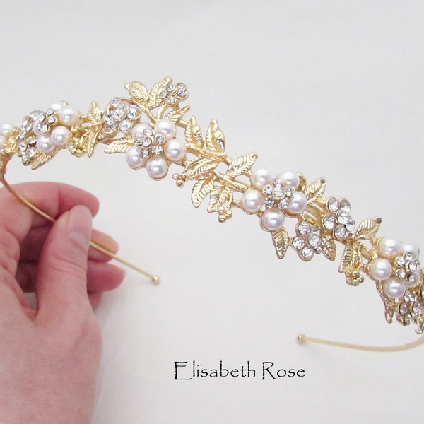 Gold Pearl Wedding Hairband, Crystal and Pearl Embellished Hairband for Wedding, Gold Bridal Headband, Wedding Day Hairband