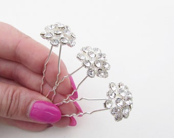 Vintage Style Crystal Bobby Pins Set of 3, Silver Rhinestone bridal hair jewelry Silver Flowers, Faux Pearl and Rhinestones Hair Pin Trio  main image 3