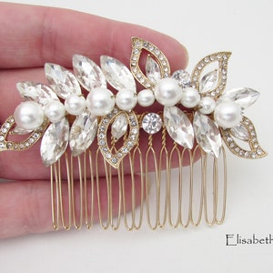 Ivory Pearl Crystal Wedding Hair Comb: Gold Bridal Hair  display picture 3