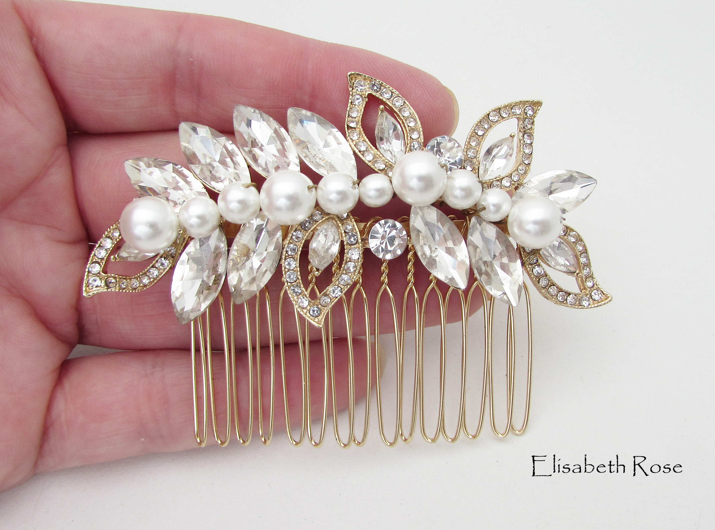 Ivory Pearl Crystal Wedding Hair Comb: Gold Bridal Hair 