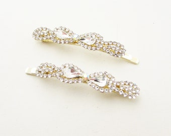 Gold Rhinestone Hair Clips, Set of 2 Hair Clips for Bride, Wedding Day Clear Hair Pins, Crystal Hair Clips for Wedding, Bridal Hair Pins