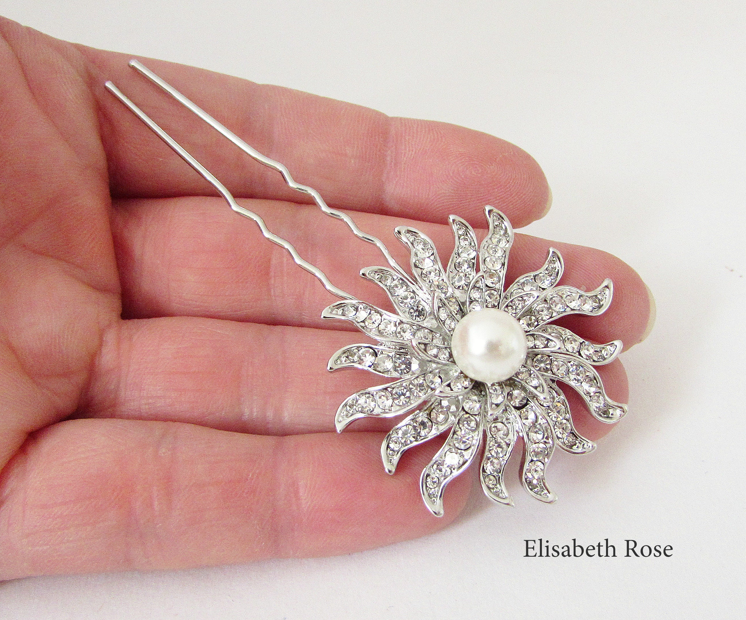 Silver Pearl Bridal Hair Pin: Rhinestone Floral Comb - Etsy display picture 1