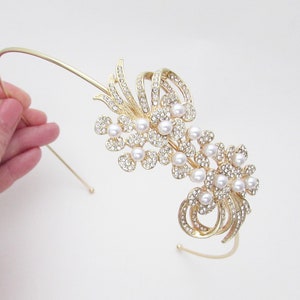 Gold Wedding Hairband, Gold Crystal Hairband for Wedding, Gold Pearl Bridal Headband, Wedding Day Hairband