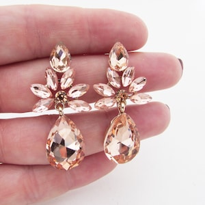 Blush Earrings, Peach Crystal Earrings, Big Blush Earrings, Faceted Crystal Earrings, Rhinestone Wedding Earrings, Party Earrings