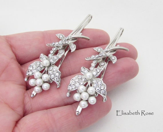Two Vintage Clip On Hair Clips Rhinestone Pearl Flower Amazon.com : 5 Pcs double flower decorative jeweled  main image 4