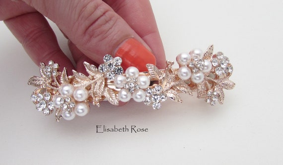 Rose Gold Hair Barrette Rose Gold Crystal Hair Clip for Bride