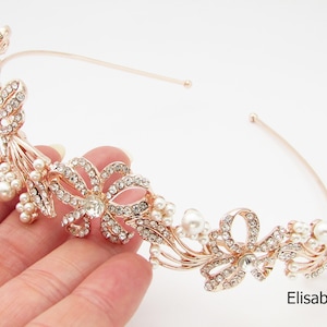 Rose Gold Pearl Wedding Hairband, Crystal and Pearl Embellished Hairband for Wedding, Rose Gold Bridal Headband, Wedding Day Hairband