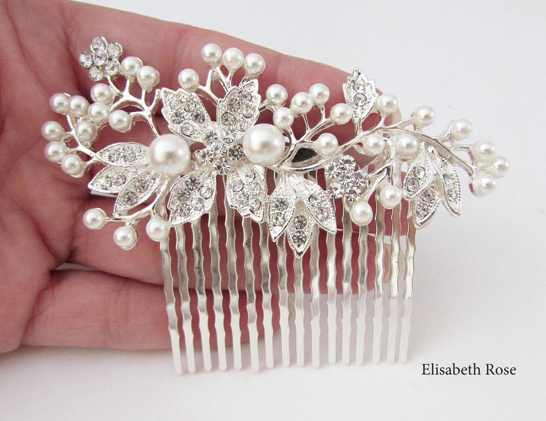 Decorative Silver Wedding Hair Comb, Crystal and Pearl Hair Comb for Wedding, Silver Bridal Hair Comb, Wedding Day Hair Comb, Hair Jewelry image 2