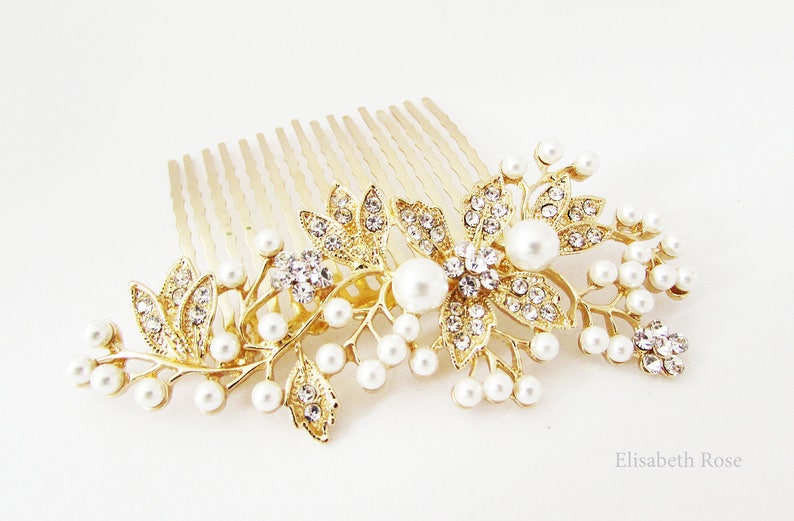 Pettine decorativo per capelli da sposa in oro, pettine per capelli in cristallo e perla per matrimoni, pettine per capelli da sposa in oro, pettine per capelli per il giorno del matrimonio, gioielli per capelli in oro immagine 6