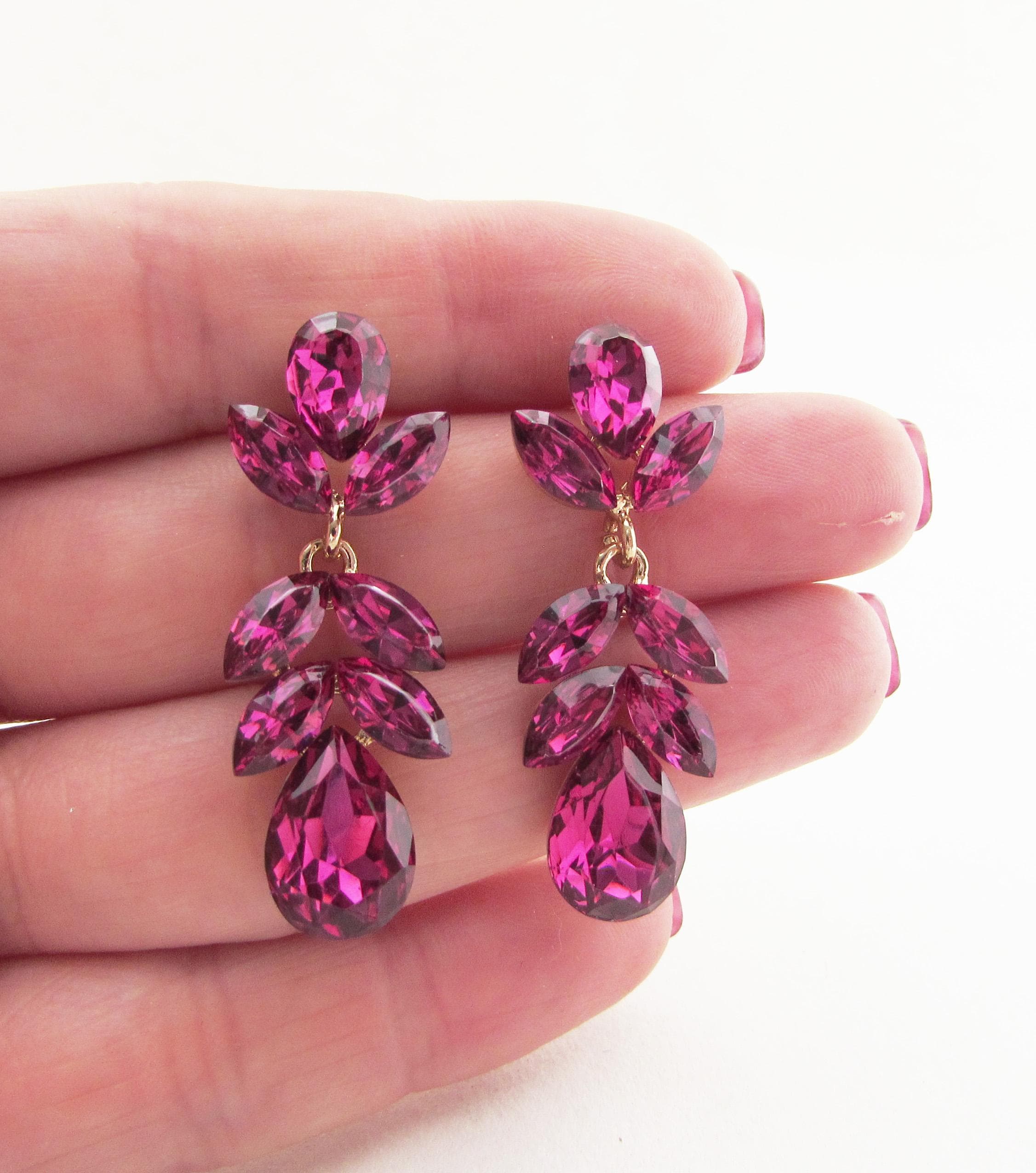 Cerise Pink Crystal Drop Earrings: Wedding Party Jewelry / Jewellery, Bright Pink Fancy Earrings, Magenta Pink Earrings