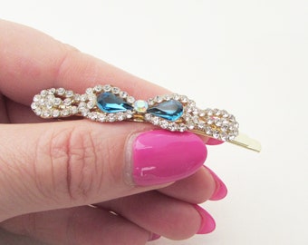 Blue Rhinestone Hair Clips, Set of 2 Hair Clips for Bride, Wedding Day Blue Hair Pins, Crystal Hair Clips for Wedding, Bridal Hair Pins