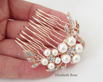 Small Rose Gold Crystal and White Pearl Wedding Hair Comb, Rose Gold Hair Jewellery for Wedding, Pearl Hair Comb, Small Rose Gold Hair Comb