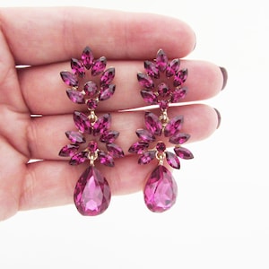 Fuchsia Pink Earrings, Pink Crystal Earrings, Long Pink Earrings, Dark Pink Earrings, Pink Wedding Earrings, Pink Wedding Party Jewelry