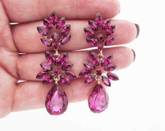 Fuchsia Pink Earrings, Pink Crystal Earrings, Long Pink Earrings, Dark Pink Earrings, Pink Wedding Earrings, Pink Wedding Party Jewelry