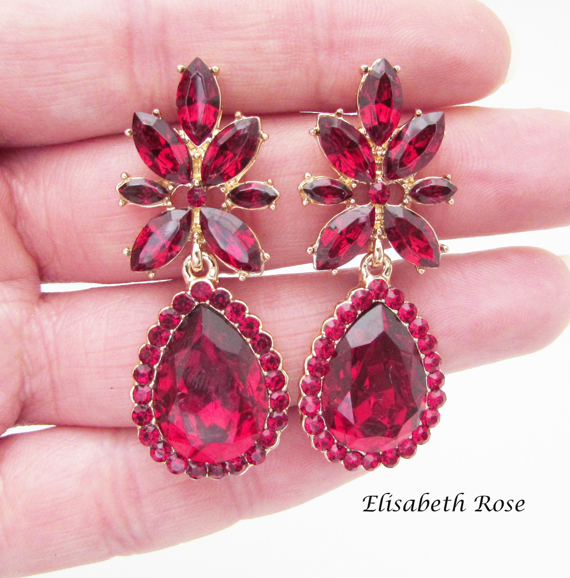 Large Red Crystal Rhinestone Statement Pageant Earrings  LM Bling   lmbling