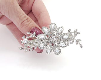 Silver Bridal Hair Barrette, Crystal and Pearl Hair Clip for Bride, Wedding Day Hair Barrette, Silver and White Pearl Hair Clip, Hair Clip