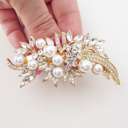 Gold Bridal Hair Barrette, Crystal and Pearl Hair Clip for 
