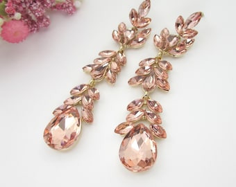 Peach Crystal Teardrop Earrings: Long Wedding Jewellery, Blush Shoulder Length Earrings, Statement Party Earrings