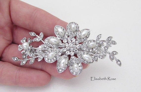 Silver Bridal Hair Barrette, Crystal and Pearl Hair Clip for  display picture 1