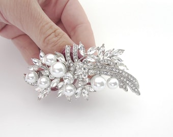 Bridal Hair Barrette: Rhinestone, Crystal & Pearl Wedding Clip, Wedding Day Hair Accessory