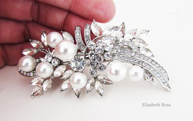 Rhinestone and White Pearl Bridal Hair Barrette, Crystal and Pearl Hair Clip for Bride, Wedding Day Hair Barrette, Bridal Pearl Hair Clip image 1