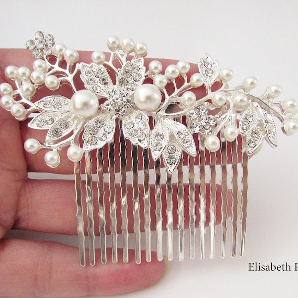 Decorative Silver Wedding Hair Comb, Crystal and Pearl Hair Comb for Wedding, Silver Bridal Hair Comb, Wedding Day Hair Comb, Hair Jewelry