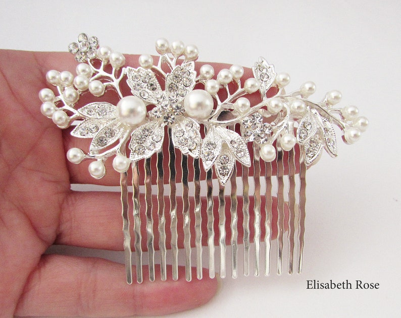 Decorative Silver Wedding Hair Comb, Crystal and Pearl Hair Comb for Wedding, Silver Bridal Hair Comb, Wedding Day Hair Comb, Hair Jewelry image 1