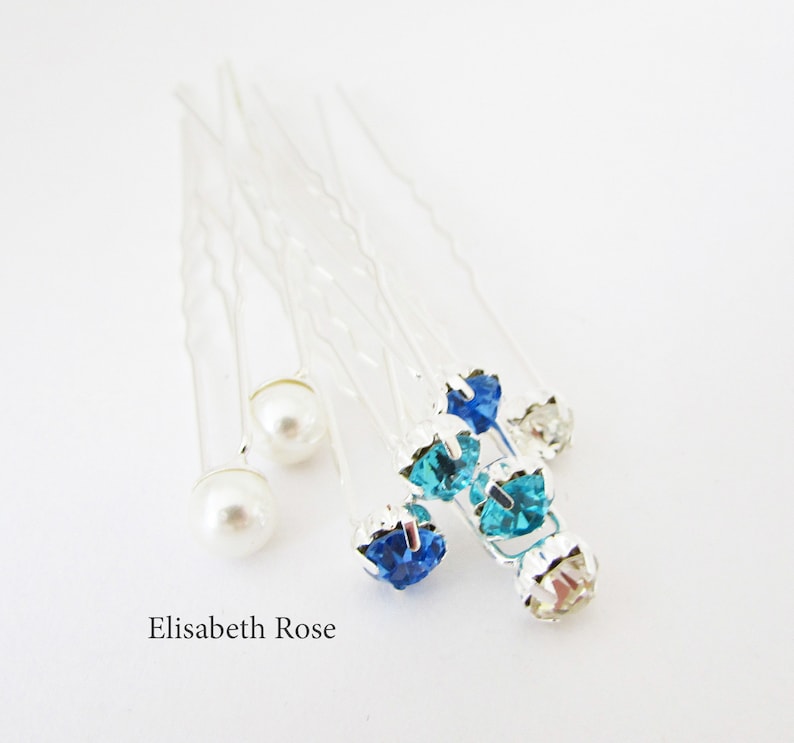 Blue Wedding Hair Pins Hair Pins for Beach Wedding Set of 8 Hair Pins 8 Hair Pins Crystal Bridal Hair Pins Blue Hair Piece