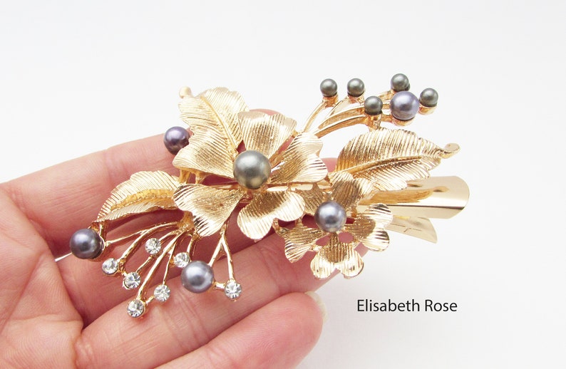 Gold Floral Design Hair Clip Decorative Grey Pearl Hair Claw Etsy