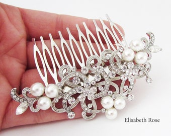 White Pearl Hair Comb for Bride, Decorative Hair Comb, Hair Piece for Bride, Wedding Hair Comb, Art Deco Style Comb