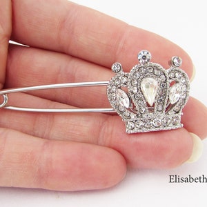 Crystal Crown Brooch Pin, Sparkly Silver Tiara Pin, Scarf Pin, Kilt Pin, Pin for Coat, Pin for Shawl, Large Silver Pin, Rhinestone Shawl Pin