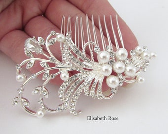 Small Silver Wedding Hair Comb, White Pearl Hair Comb for Wedding, Bridal Hair Comb, Small Bride Hair Comb, Silver Hair Jewelry, Hair Comb