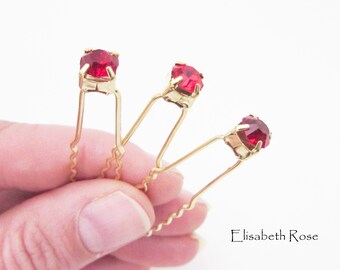 Set of 3 Red Hair Pins, Red Wedding Hair Pins, 3 Hair Pins, Red Crystal Bridal Hair Pins, Gold Hair Pins, Red Rhinestone Hair Pins for Bride