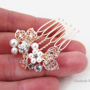 Small Rose Gold and White Pearl Hair Pin, Rose Gold Hair Comb for Wedding, Bridal Pearl Hair Comb, Small Rose Gold Hair Pins for Bridemaids image 2