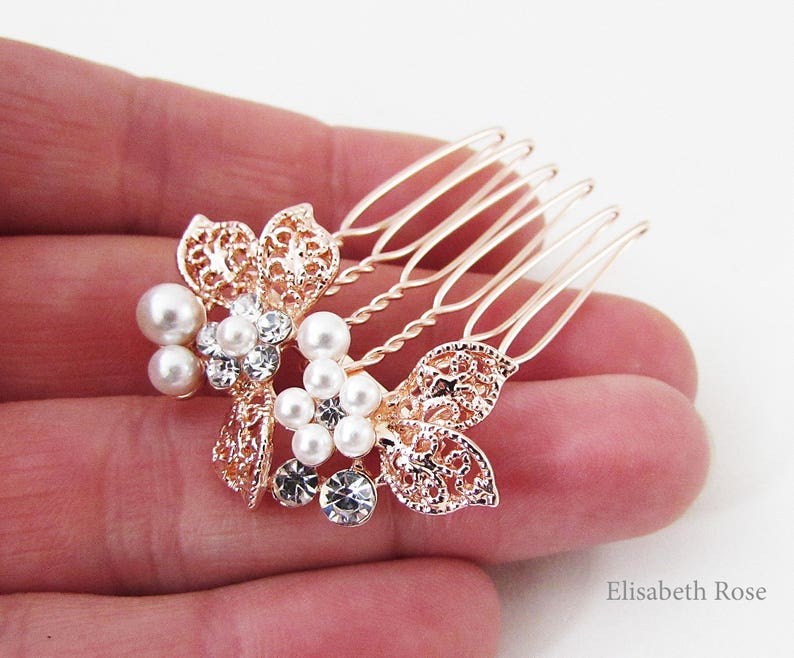 Small Rose Gold and White Pearl Hair Pin, Rose Gold Hair Comb for Wedding, Bridal Pearl Hair Comb, Small Rose Gold Hair Pins for Bridemaids image 2