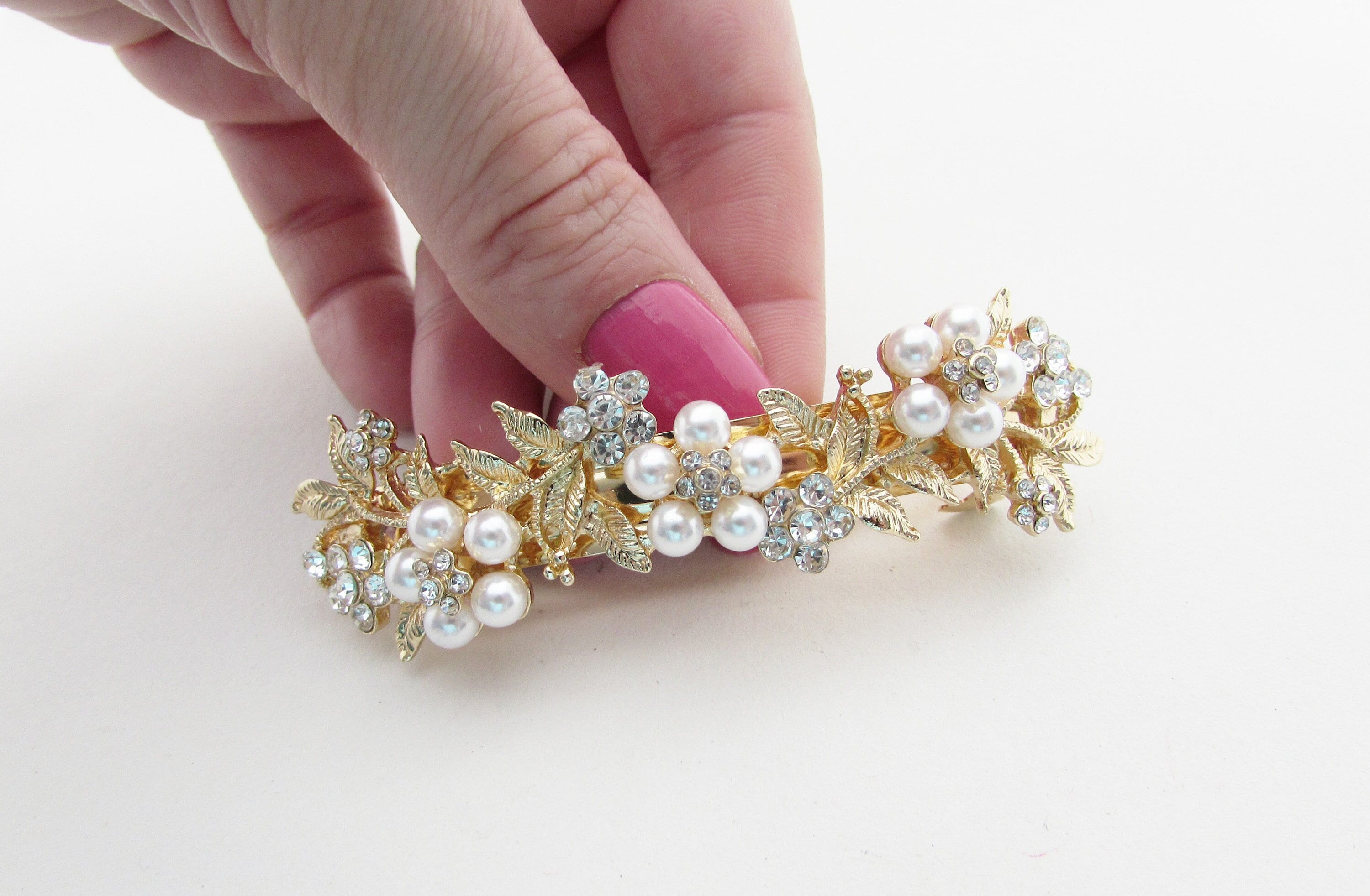 Gold Floral Pearl Hair Barrette, Crystal Wedding Hair Clip  display picture 2