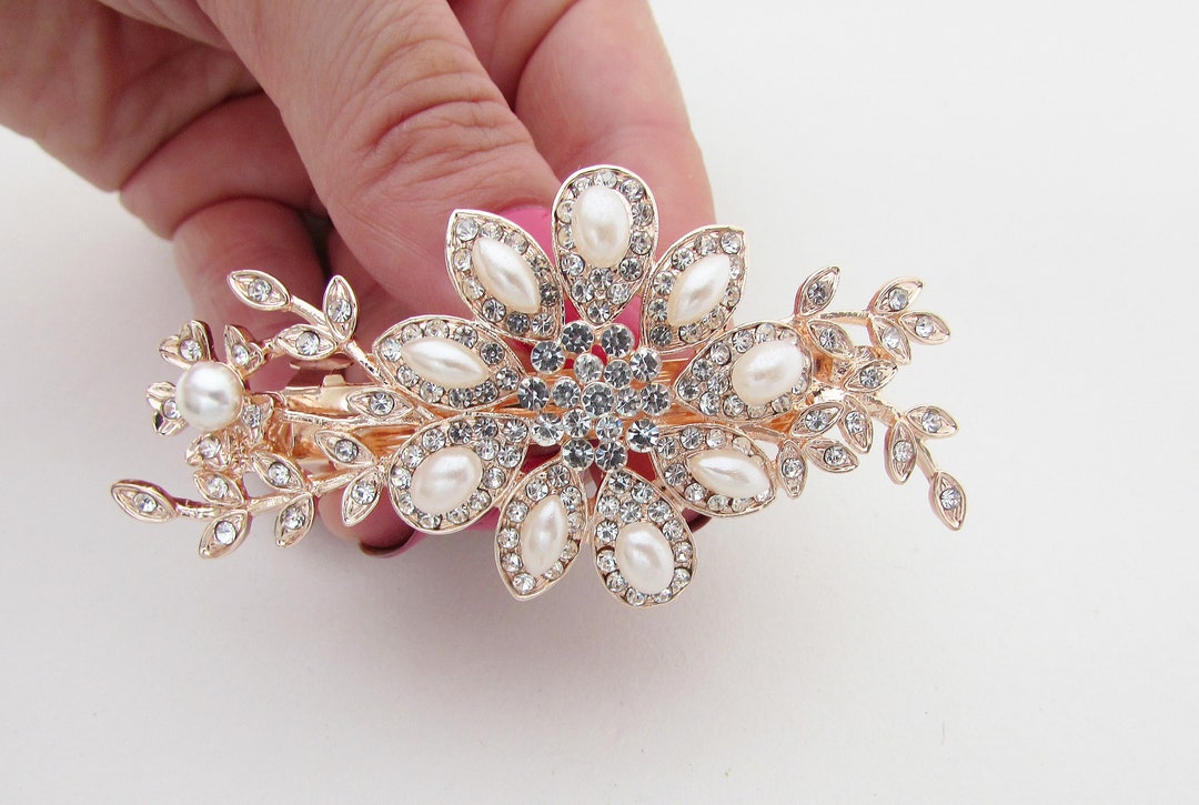 Rose Gold Bridal Hair Barrette Crystal Pearl Floral Hair Clip, Wedding — free download