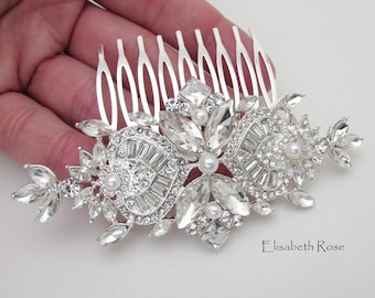 Art Deco Bridal Hair Comb: Silver Rhinestone & Pearl Wedding Hairpiece