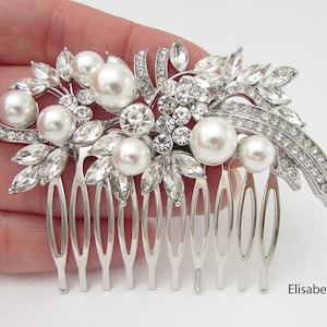 Decorative White Pearl and Crystal Wedding Hair Comb, Rhinestone and Pearl Hair Jewellery, White Pearl Silver Hair Comb