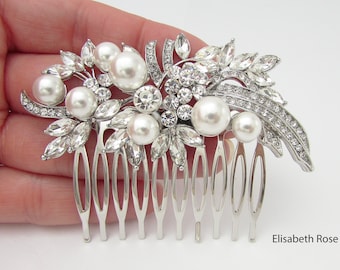 Decorative White Pearl and Crystal Wedding Hair Comb, Rhinestone and Pearl Hair Jewellery, White Pearl Silver Hair Comb