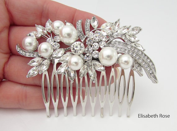 Pearl and Crystal Decorative Hair Comb - Silver Finish wedding hair piece Amazon.com : Unicra Bride Pearl Wedding Hair Comb Silver  main image 3