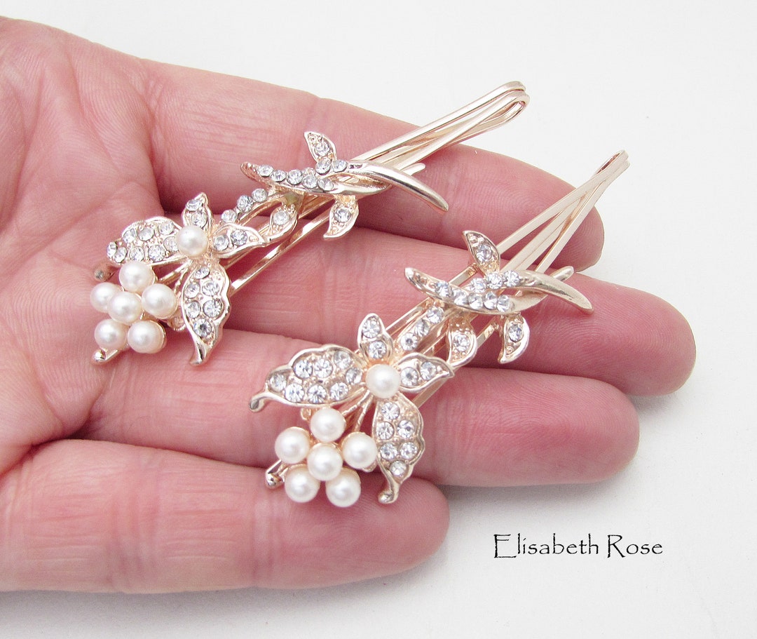 Rose Gold Floral Hair Clips: Pearl & Crystal Wedding Hair  display picture 3